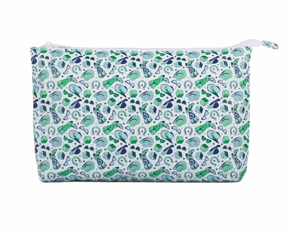 Cowgirl blue medium stash bag by Wipstitch, recyclable Tyvek, 11" x 7.5", light blue, green and navy blue pattern. Waterproof project or travel bag.