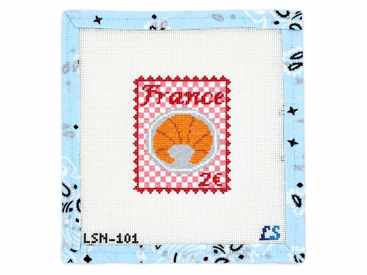Stitch a France postage travel stamp by Lake Shore Needlepoint. This 18 mesh canvas features a 3 x 3.5-inch design. Threads not included.